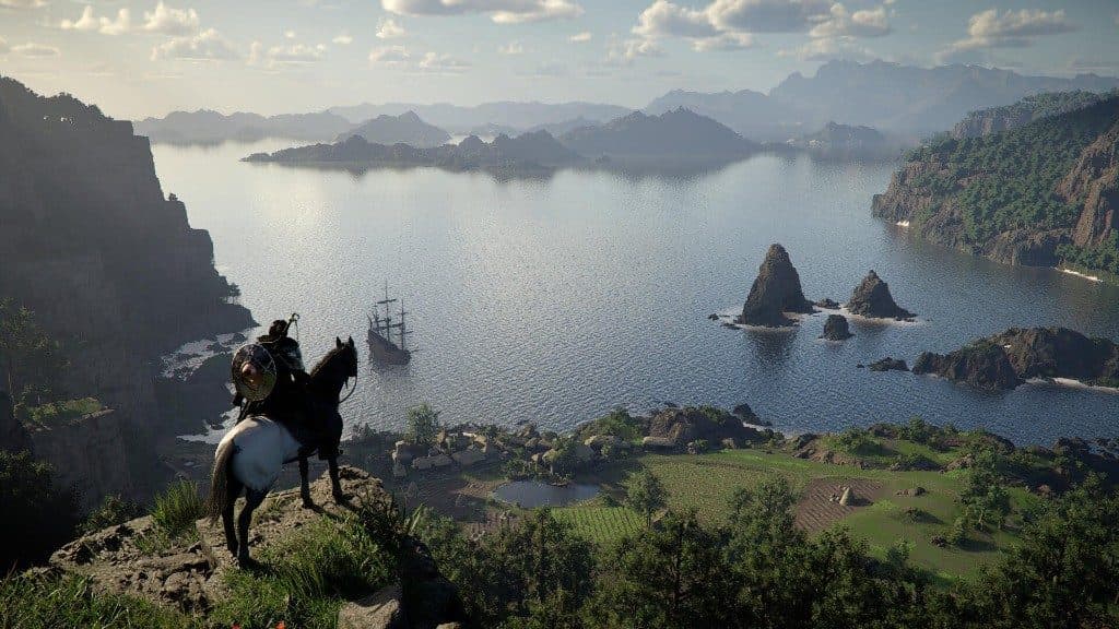 Config PC Crimson Desert : vue côtière de Pywel avec cavalier sur falaise