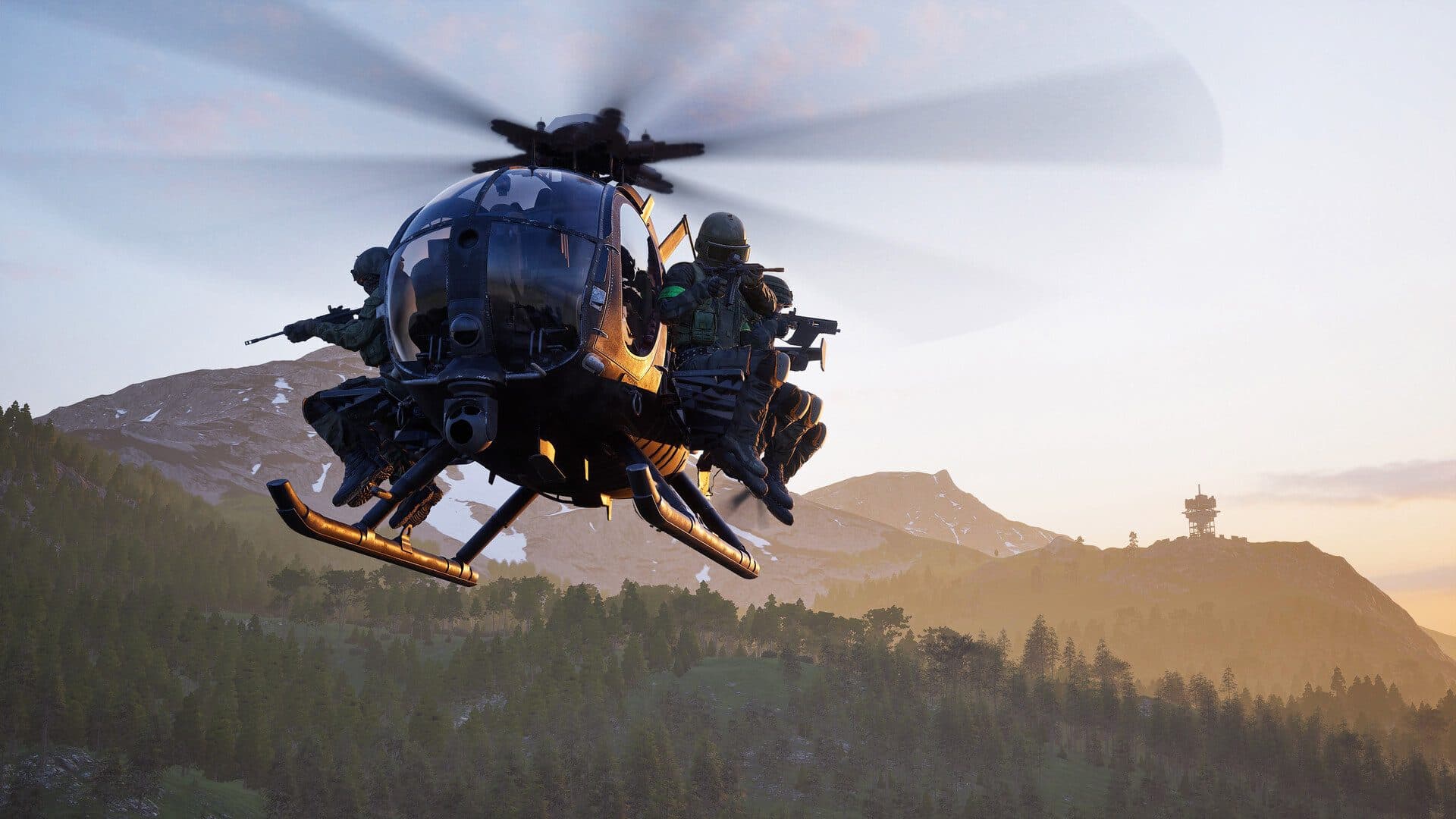 WARDOGS 1440p : escouade accrochée à un hélicoptère Little Bird au-dessus de la forêt