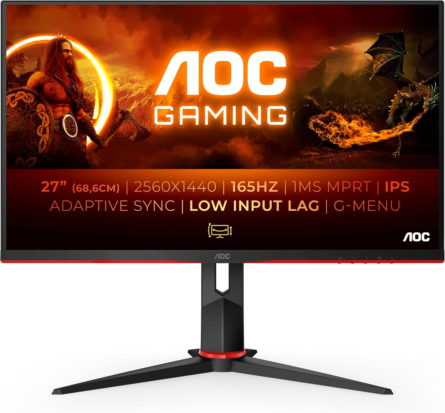 AOC Q27G2S/EU — 27" QHD (2560×1440) — 165 Hz IPS — 1 ms MPRT — FreeSync Premium — DP / HDMI — photo produit Amazon