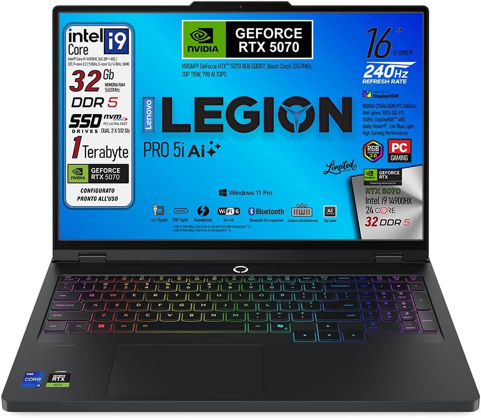 Lenovo Legion Pro 5i, Notebook Gaming, Intel Core i9-14900HX, RAM DDR5 32Gb, SSD 1 Tb, Display HDR 16" WQXGA DCI-P3 100% 240Hz, Nvidia Geforce RTX 5070, Tastiera RGB QWERTY, Ready to Use