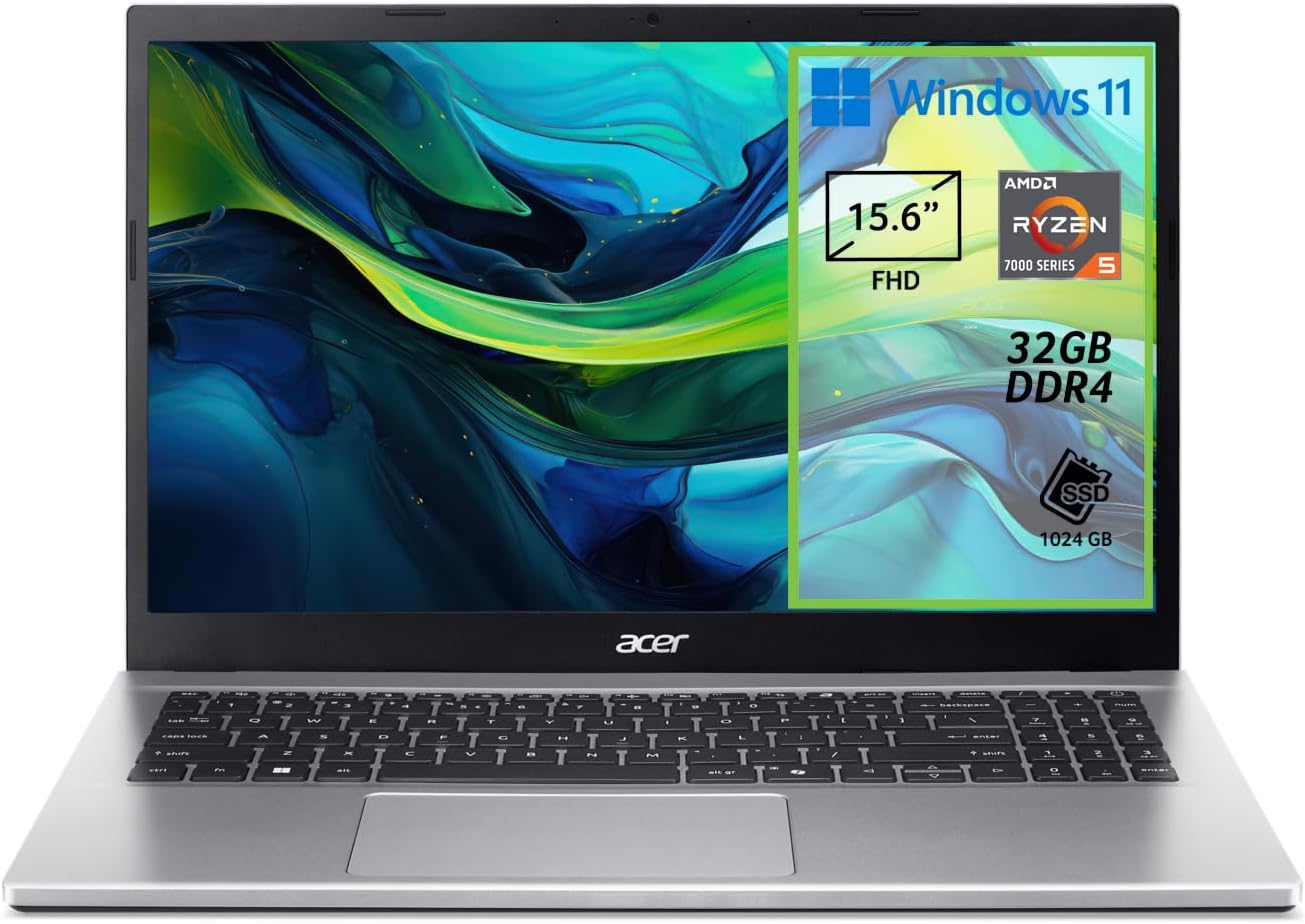 acer Aspire Go 15 AG15-42P-R732 Laptop, Notebook, AMD Ryzen 5 7430U Processor, RAM 32 GB DDR4, 1024 GB PCIe NVMe SSD, 15.6" FHD Display, AMD Radeon Graphics Card, Windows 11 Home, Silver