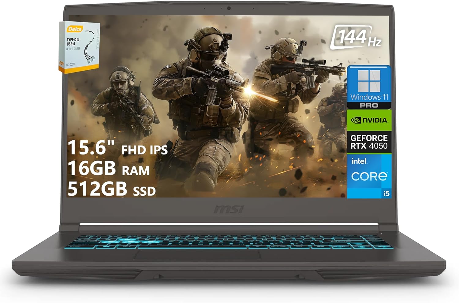 msi Laptop delgada para juegos 15 | 15.6 pulgadas FHD IPS 144Hz | Intel 8-Core i5-13420H (> i7-12650H) | 16GB RAM 512GB SSD | GeForce RTX 4050 6GB | Teclado retroiluminado tipo C Wi-Fi 6E Win11 Pro