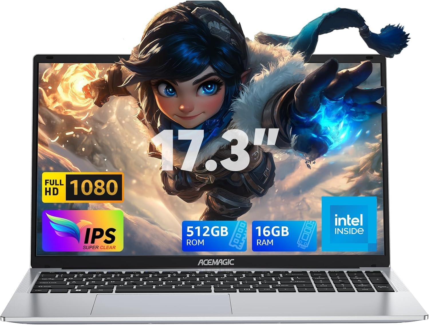ACEMAGIC Laptop 17,3", 16 GB DDR4 512 GB SSD, procesor N-95, laptop do 3,6 GHz, WiFi, BT5.0, 3 x USB 3.2, otwieranie i zamykanie 180°