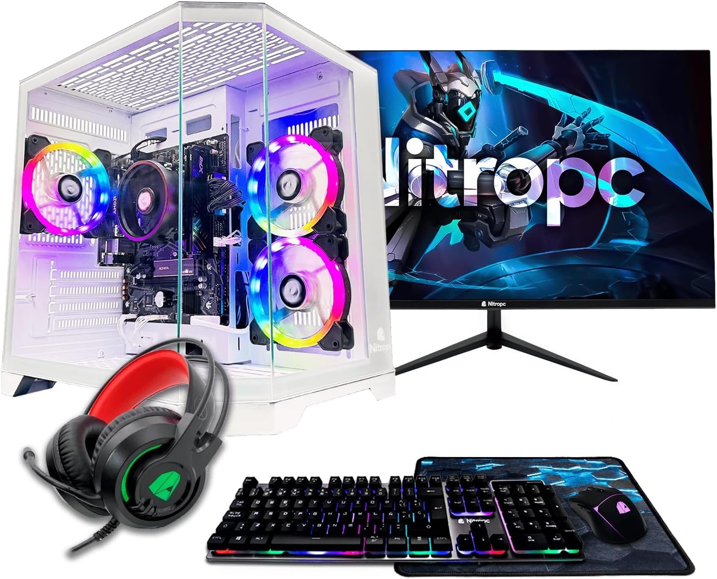 NitroPC - Pack Avanzado | PC Gaming Completo (AMD Ryzen 5 5655G 6/12, RX Vega 7, RAM 16GB, 480 GB SSD, Windows 11 Pro| WiFi, Monitor 24", Teclado, ratón, Auriculares) Ordenador sobremesa (Blanco)