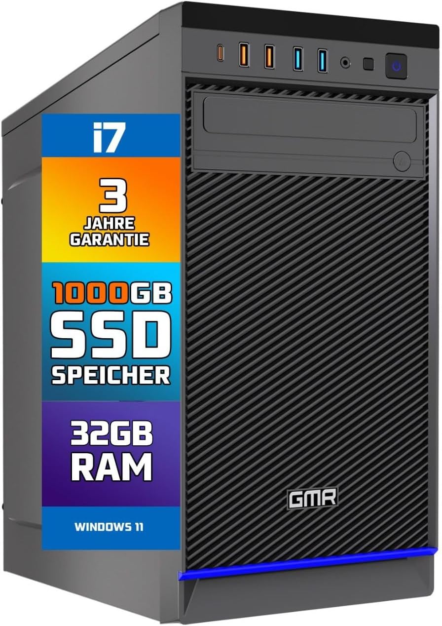 GMR Komputer stacjonarny Ultra Desktop – Intel i7, Windows 11 Pro, 32 GB RAM, 1000 GB SSD, USB 3, WiFi, Bluetooth, Office PC z DVD, 3 lata – komputer stacjonarny z systemem Windows 11