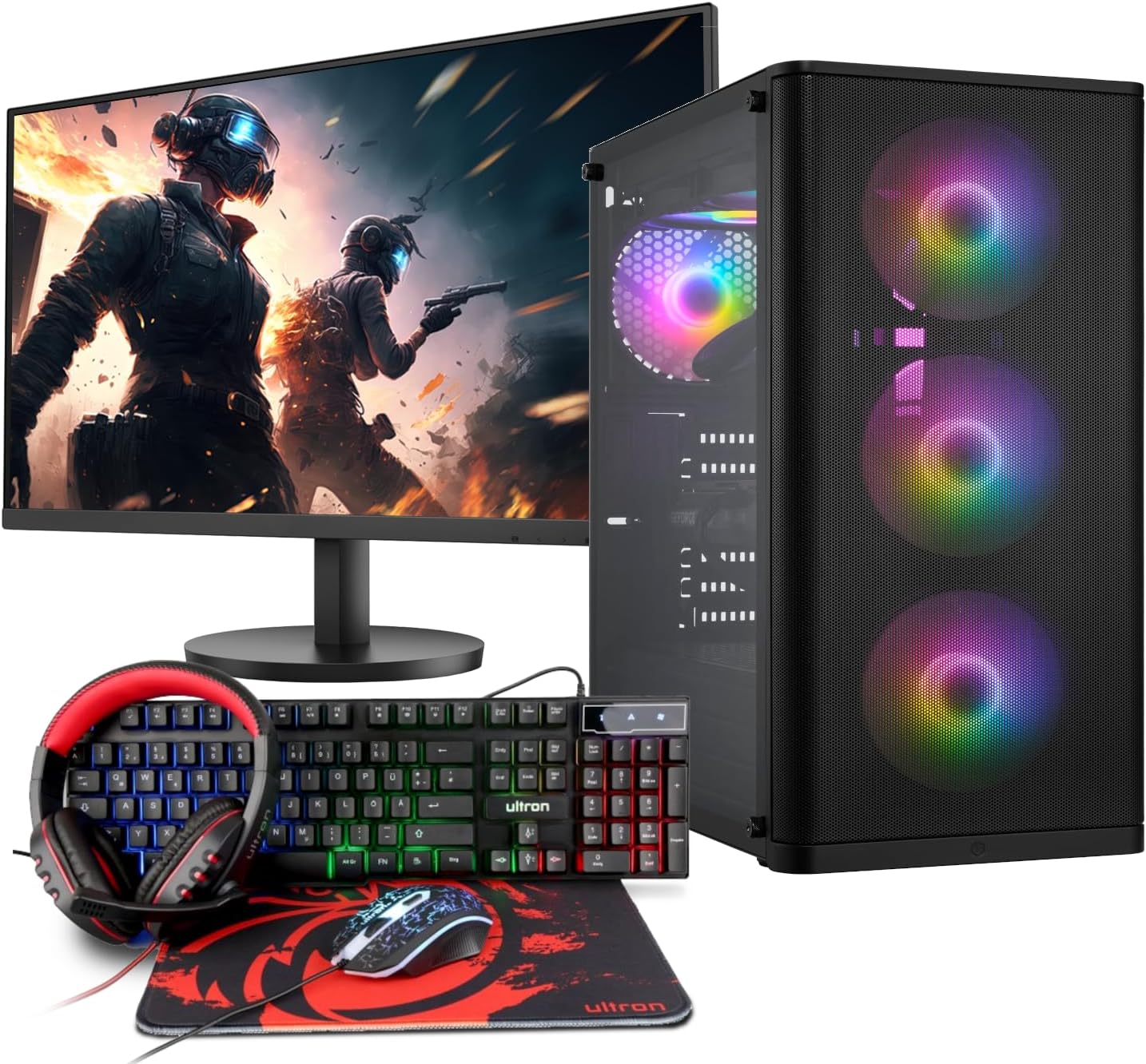 Basic Gaming Komplett PC Set Ryzen 3 3200G, 16 GB DDR4, 1000 GB SSD M.2, Windows 11 Pro 64bit + 24 Zoll Monitor + Tastatur, Maus, Headset Bundle
