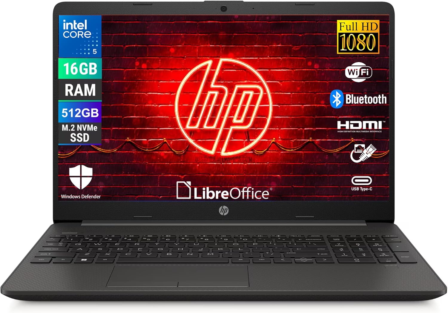 HP 250R G9, notebook, procesor Intel 5-120u 10 rdzeni 1,4 GHz, wyświetlacz 15,6" FHD, pamięć RAM 16 GB, SSD 512 GB, system Windows 11, gotowy do użycia z Libre Office