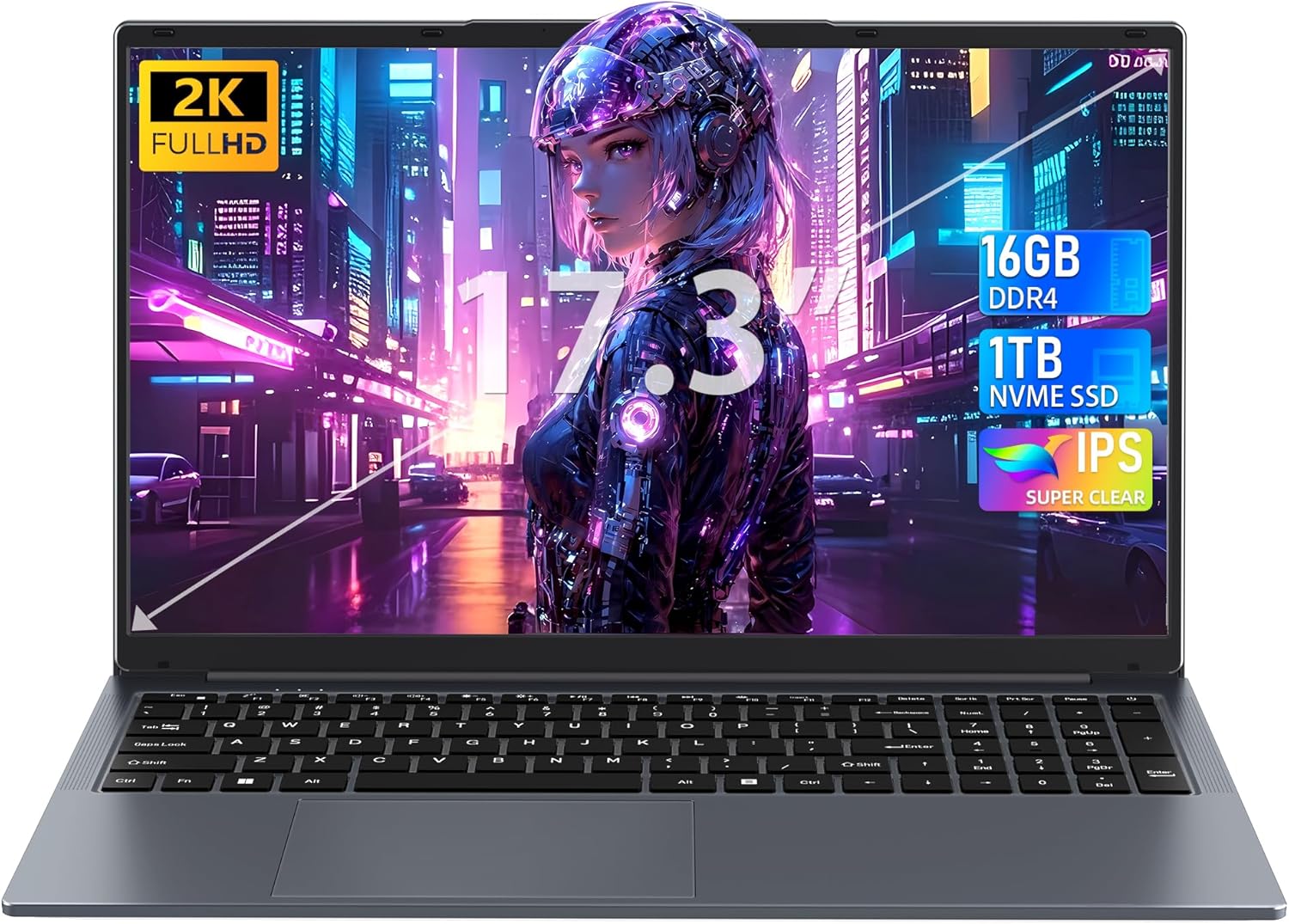 17,3 Zoll Laptop, N150(Beat N100 N97 N5095) bis zu 3,6 GHz,16GB DDR4 RAM,1TB NVMe SSD, FHD IPS Display,Lange Akkulaufzeit, Beleuchtete Tastatur,Ziffernblock,Webcam,WLAN/BT/USB 3.0, Grau